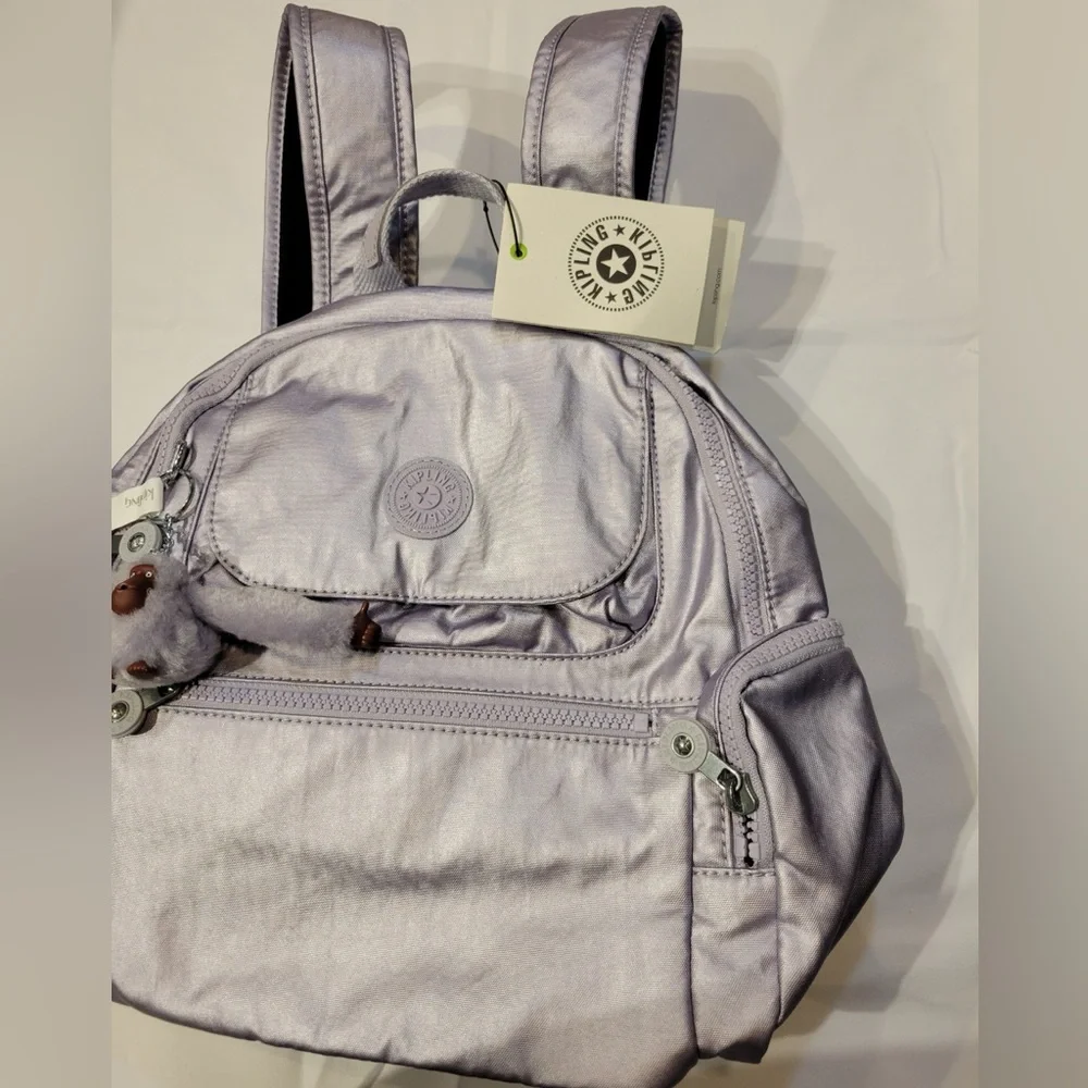 NWT Kipling MATTA Metallic Silver Backpack w/Keychain Gorpcore Indie Streetwear
